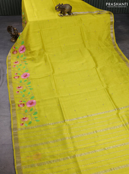 Mangalgiri silk cotton saree lime yellow with embroidery buttas and embroidery border
