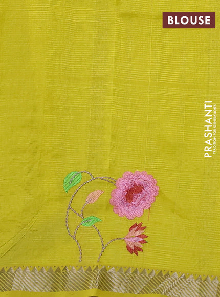Mangalgiri silk cotton saree lime yellow with embroidery buttas and embroidery border