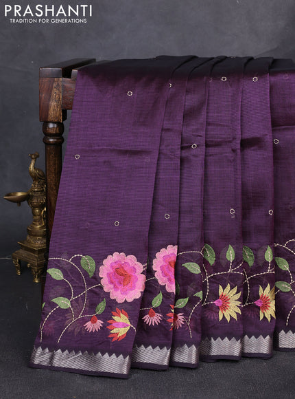 Mangalgiri silk cotton saree deep purple with embroidery buttas and embroidery border