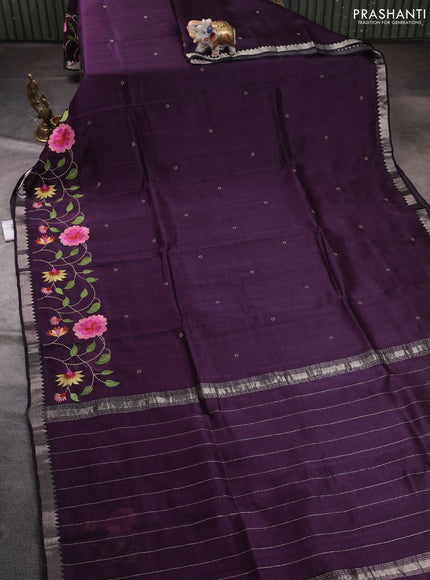 Mangalgiri silk cotton saree deep purple with embroidery buttas and embroidery border
