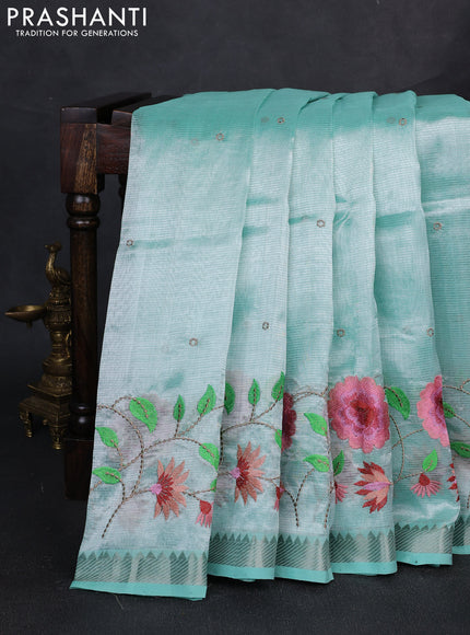 Mangalgiri silk cotton saree teal blue with embroidery buttas and embroidery border
