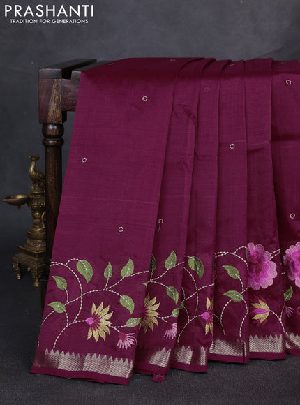 Mangalgiri silk cotton saree maroon with embroidery buttas and embroidery border