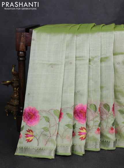 Mangalgiri silk cotton saree pista green with embroidery buttas and embroidery border