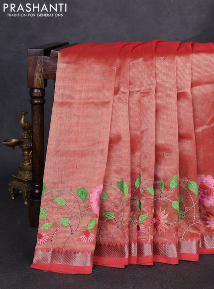 Mangalgiri silk cotton saree rust shade with embroidery buttas and embroidery border