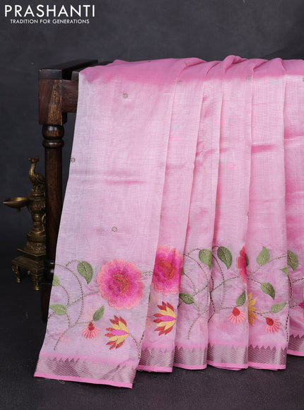 Mangalgiri silk cotton saree light pink with embroidery buttas and embroidery border