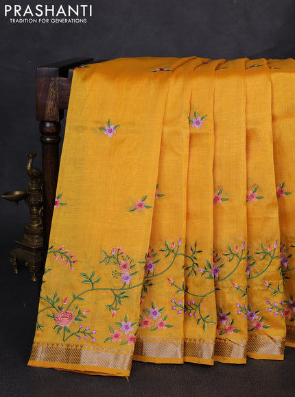 Mangalgiri silk cotton saree mango yellow with embroidery floral buttas and embroidery border