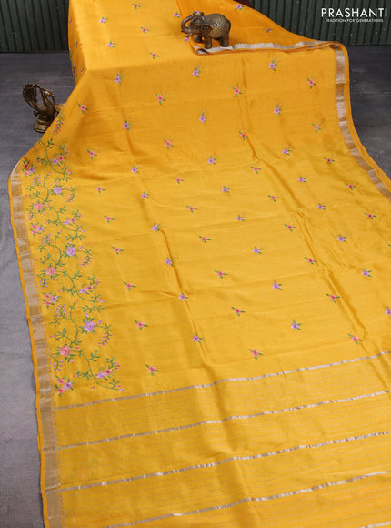 Mangalgiri silk cotton saree mango yellow with embroidery floral buttas and embroidery border