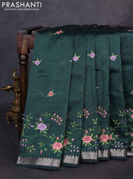 Mangalgiri silk cotton saree bottle green with embroidery floral buttas and embroidery border