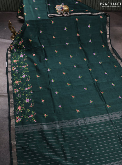 Mangalgiri silk cotton saree bottle green with embroidery floral buttas and embroidery border