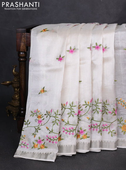 Mangalgiri silk cotton saree off white with embroidery floral buttas and embroidery border
