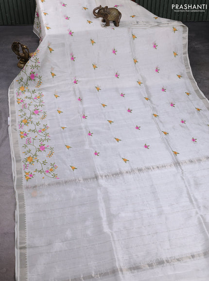 Mangalgiri silk cotton saree off white with embroidery floral buttas and embroidery border