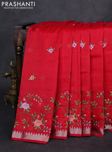 Mangalgiri silk cotton saree red with embroidery floral buttas and embroidery border