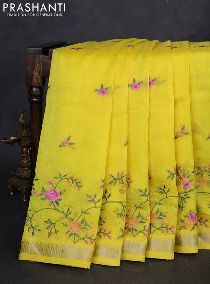 Mangalgiri silk cotton saree yellow with embroidery floral buttas and embroidery border