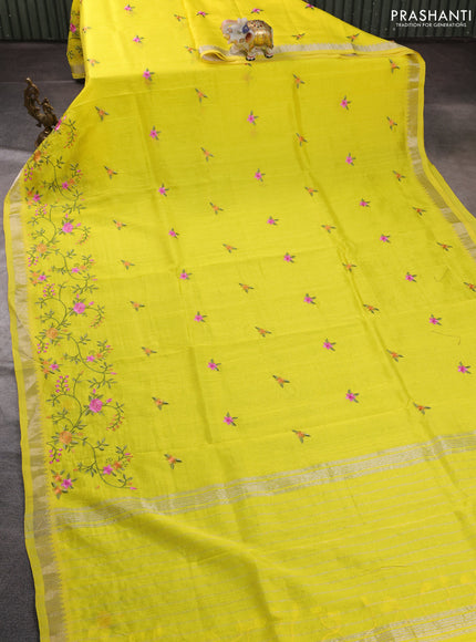 Mangalgiri silk cotton saree yellow with embroidery floral buttas and embroidery border