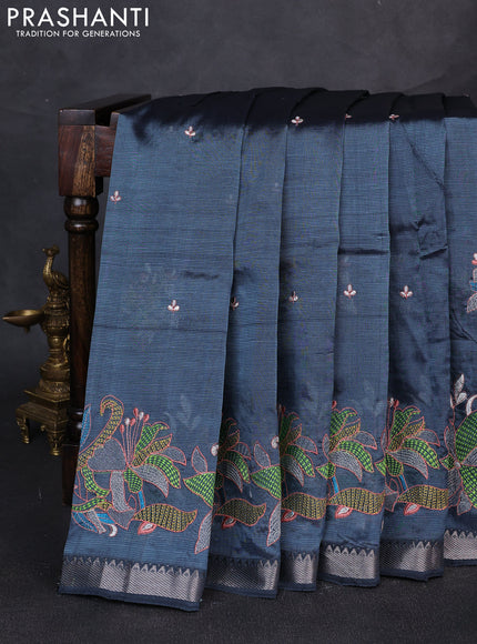 Mangalgiri silk cotton saree dark grey with embroidery buttas and embroidery border