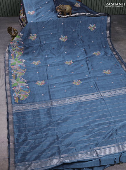 Mangalgiri silk cotton saree dark grey with embroidery buttas and embroidery border