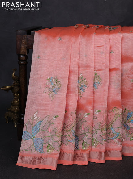 Mangalgiri silk cotton saree peach shade with embroidery buttas and embroidery border