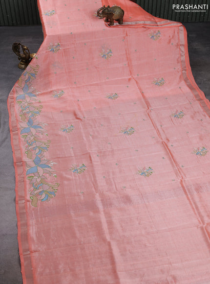 Mangalgiri silk cotton saree peach shade with embroidery buttas and embroidery border
