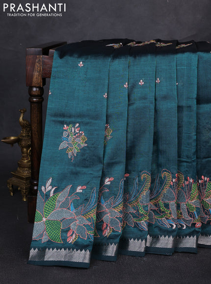 Mangalgiri silk cotton saree peacock green with embroidery buttas and embroidery border