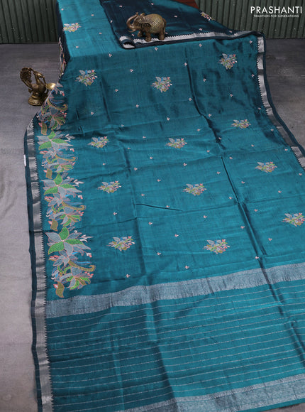 Mangalgiri silk cotton saree peacock green with embroidery buttas and embroidery border