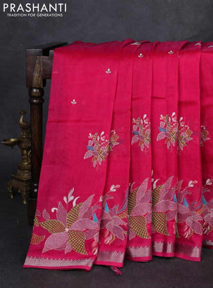 Mangalgiri silk cotton saree pink with embroidery buttas and embroidery border