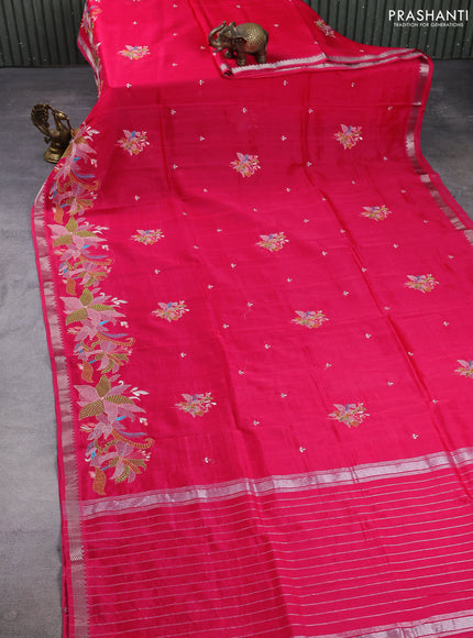 Mangalgiri silk cotton saree pink with embroidery buttas and embroidery border
