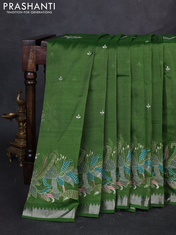 Mangalgiri silk cotton saree light green with embroidery buttas and embroidery border