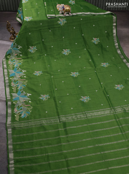 Mangalgiri silk cotton saree light green with embroidery buttas and embroidery border