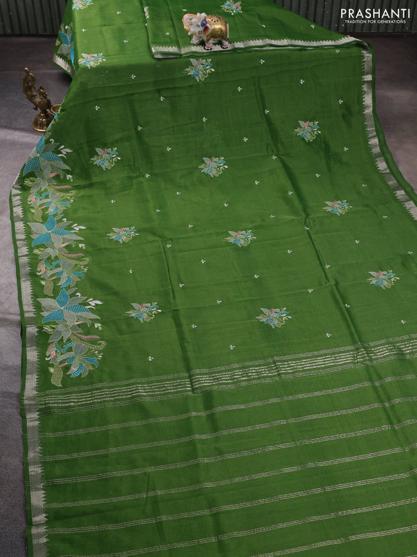 Mangalgiri silk cotton saree light green with embroidery buttas and embroidery border