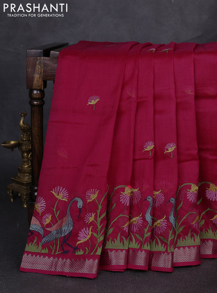 Mangalgiri silk cotton saree pink with embroidery buttas and embroidery border