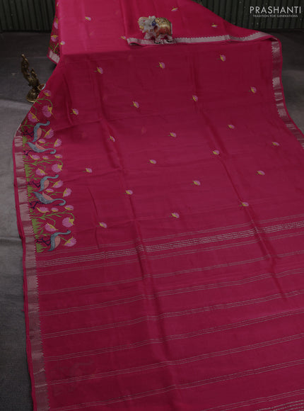 Mangalgiri silk cotton saree pink with embroidery buttas and embroidery border