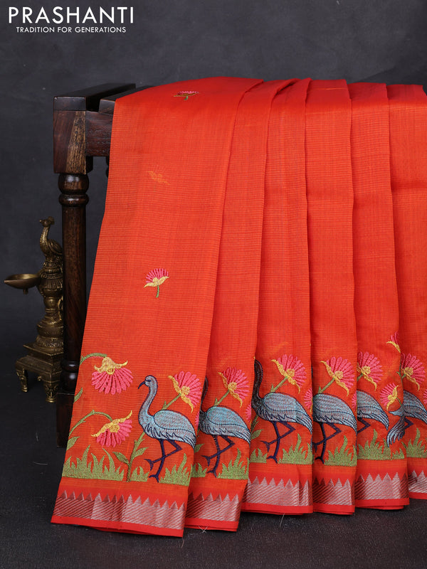 Mangalgiri silk cotton saree orange with embroidery buttas and embroidery border