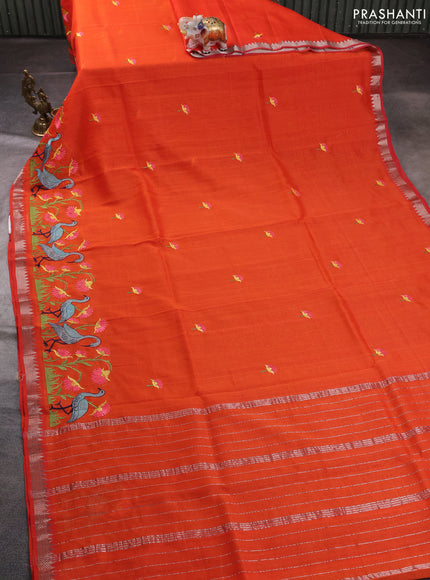 Mangalgiri silk cotton saree orange with embroidery buttas and embroidery border