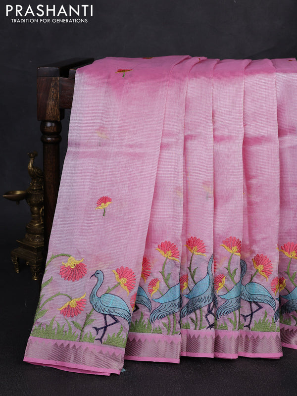 Mangalgiri silk cotton saree light pink with embroidery buttas and embroidery border
