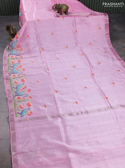 Mangalgiri silk cotton saree light pink with embroidery buttas and embroidery border