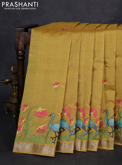 Mangalgiri silk cotton saree mustard yellow with embroidery buttas and embroidery border
