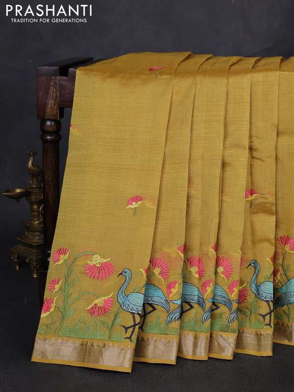 Mangalgiri silk cotton saree mustard yellow with embroidery buttas and embroidery border
