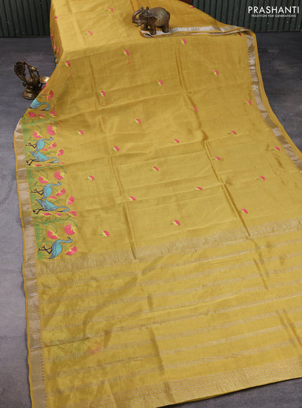 Mangalgiri silk cotton saree mustard yellow with embroidery buttas and embroidery border