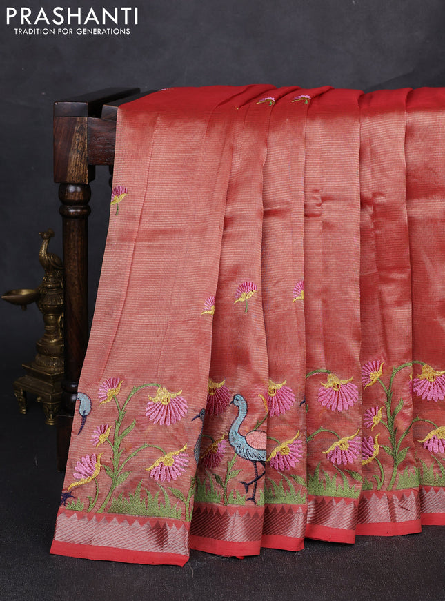 Mangalgiri silk cotton saree rust shade with embroidery buttas and embroidery border