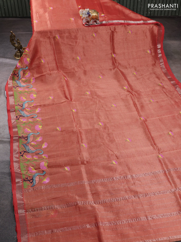 Mangalgiri silk cotton saree rust shade with embroidery buttas and embroidery border