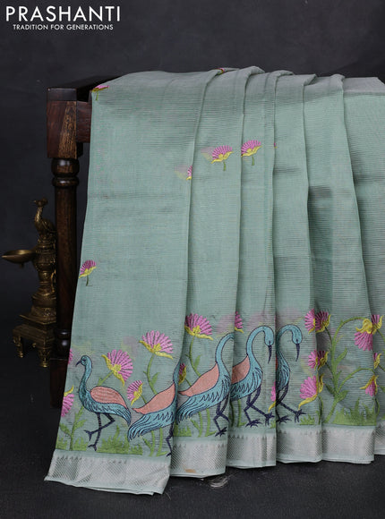 Mangalgiri silk cotton saree pastel green with embroidery buttas and embroidery border