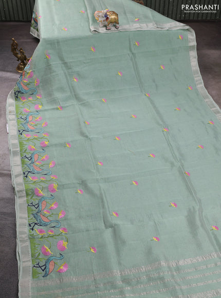 Mangalgiri silk cotton saree pastel green with embroidery buttas and embroidery border