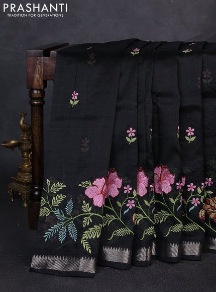 Mangalgiri silk cotton saree black with embroidery floral buttas and embroidery border