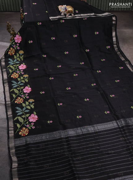 Mangalgiri silk cotton saree black with embroidery floral buttas and embroidery border