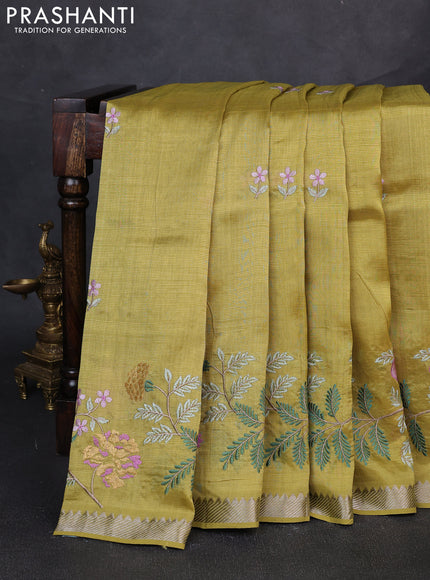 Mangalgiri silk cotton saree lime green with embroidery floral buttas and embroidery border