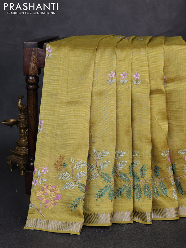 Mangalgiri silk cotton saree lime green with embroidery floral buttas and embroidery border