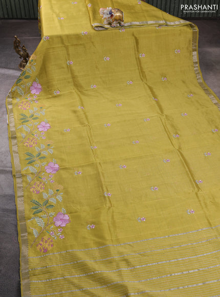 Mangalgiri silk cotton saree lime green with embroidery floral buttas and embroidery border