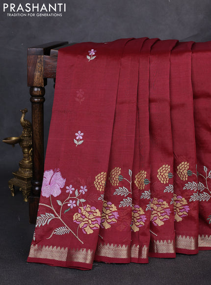 Mangalgiri silk cotton saree maroon with embroidery floral buttas and embroidery border