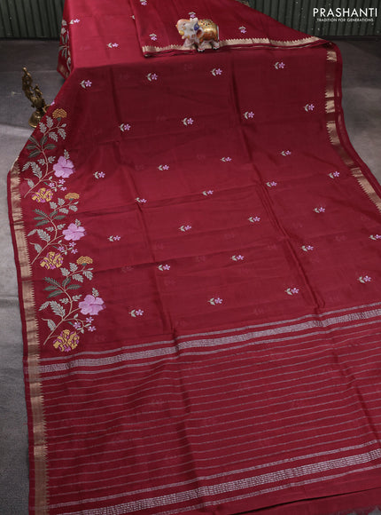 Mangalgiri silk cotton saree maroon with embroidery floral buttas and embroidery border