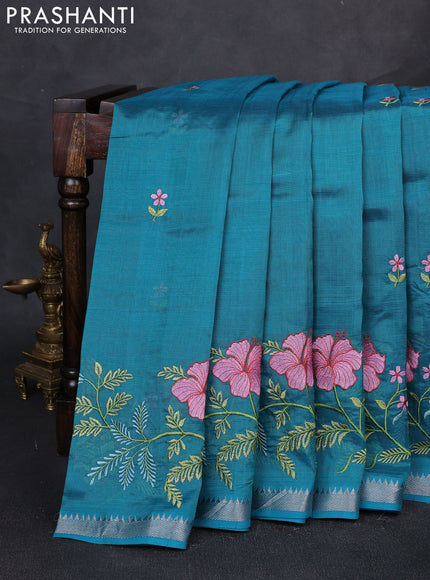 Mangalgiri silk cotton saree teal green with embroidery floral buttas and embroidery border